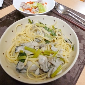 牡蠣と舞茸、小松菜のスパゲッティ